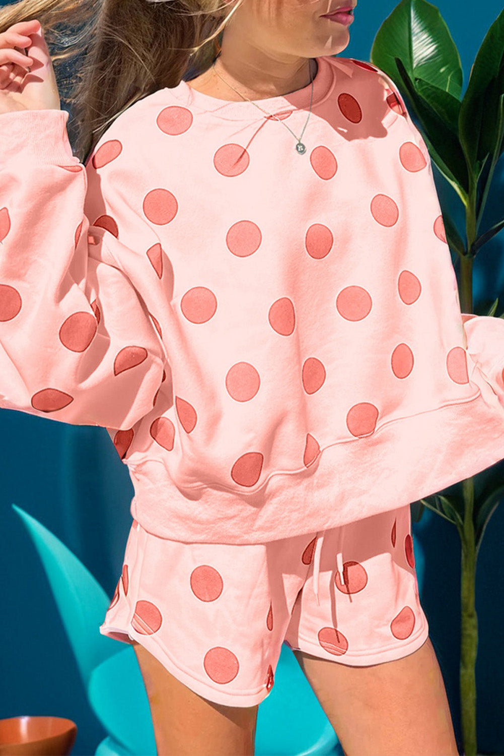 Pink Polka Dot Drop Shoulder Set