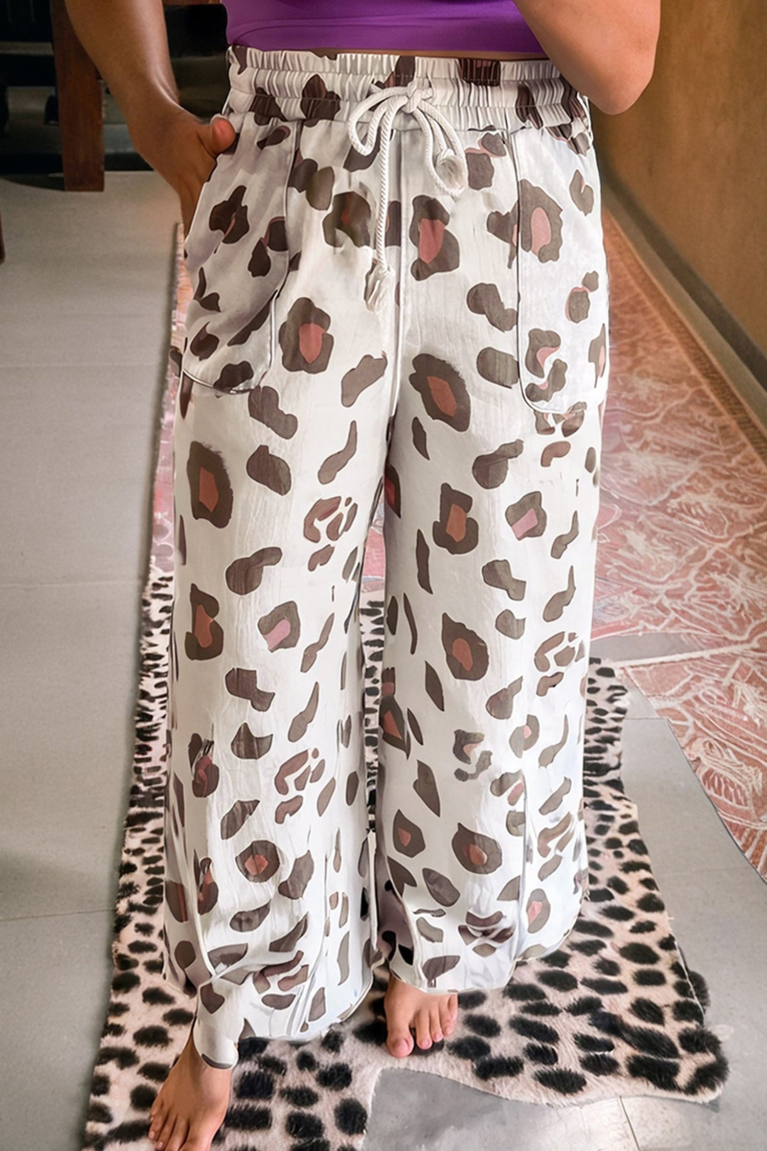 Beige Drawstring Leopard Pants